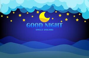 Good night and sweet dreams banner. Clouds on dark sky background with moon and stars. vector