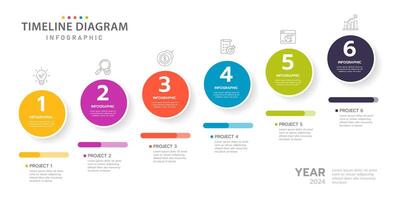 colorful Infographic timeline diagram template for business. 6 Steps Modern Timeline diagram calendar with colorful circle topics, presentation infographic. vector