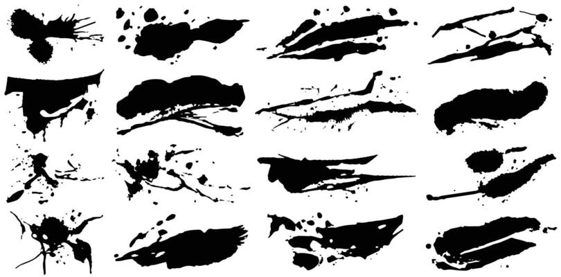 Black silhouette of spot with droplets, smudges, stains, splashes. Ink blot in grunge style. Dirt brush stroke set. Abstract daub.