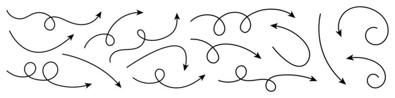 Collection of curved arrows. Set simple curved hand drawn arrows. Collection of pointers. vector