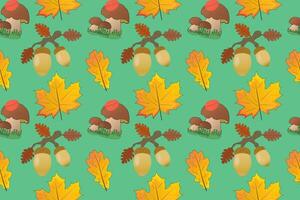 Seamless pattern featuring colorful autumn leaves, acorns, and mushrooms on a green background. Perfect for seasonal designs and crafts. vector