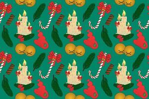 Seamless Christmas pattern with candles, candy canes, and festive decor elements. Perfect for holiday designs and projects. vector