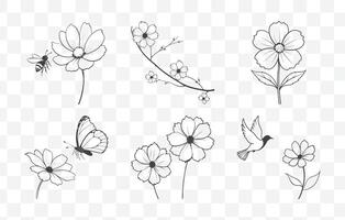 Print Cosmos Flower Line Art Set with Detailed Botanical Illustrations in Elegant Minimalist Style vector
