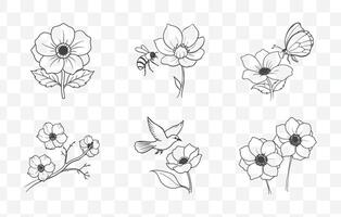 Print Elegant Anemone Line Art Set for Detailed Floral Designs and Illustrations vector