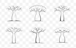 Print Dead Baobab Tree Line Art Set with Detailed Branches and Textured Trunk Illustrations vector