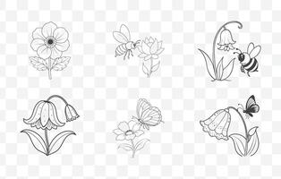Print Bluebell Flower Botanical Illustration Line Art Set with Detailed Floral Elements for Design Projects vector