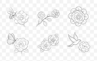 Print Camellia Flower Line Art Set Detailed Botanical Illustrations of Camellia Blossoms and Foliage vector