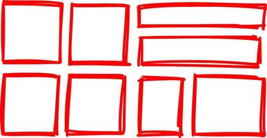 Drawn pen line box set. Hand drawn marker stroke style doodle rectangle frame. Scribble box frame for text highlight. vector