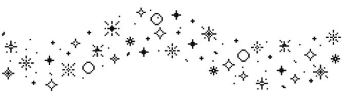 Pixel star retro 8 bit sparkle wavy border seamless frame. Shiny game pixel art effect set. Firework burst, space decoration. 90s aesthetics, y2k vector