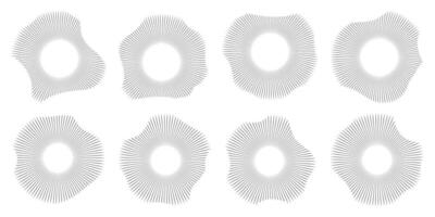 Radial sound wave concentric audio rhythm line dynamic set. Radial signal or vibration elements. Depicting audio music vector