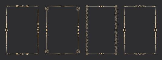 Gold frame set with tribal native indian arrow, ornament. Border thin line divider decoration with feather, simple motif. vector