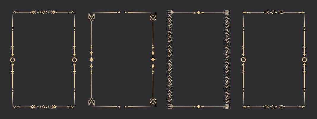 Gold frame set with tribal native indian arrow, ornament. Border thin line divider decoration with feather, simple motif.