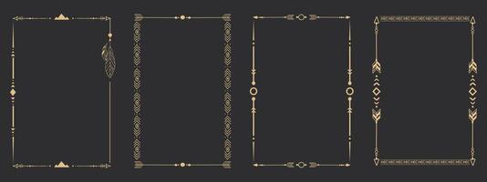 Gold frame set with tribal native indian arrow, ornament. Border thin line divider decoration with feather, simple motif. vector