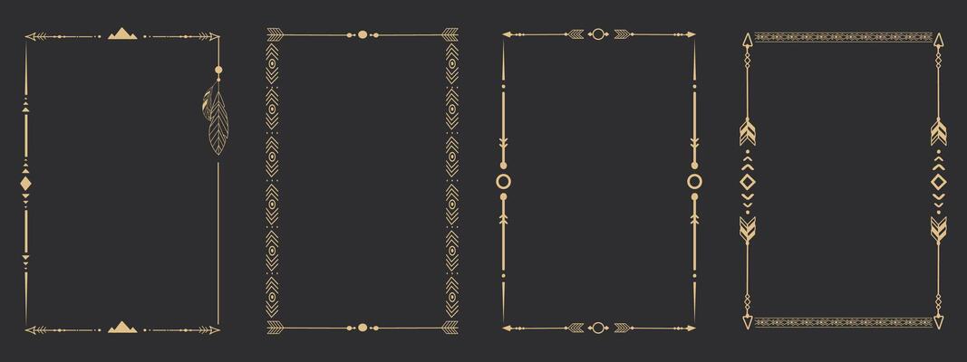 Gold frame set with tribal native indian arrow, ornament. Border thin line divider decoration with feather, simple motif.