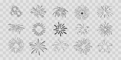 Set fireworks radial doodle line explosion circle sparkler with rays, hand drawn firecrackers simple and round decoration isolated on transprent background. vector