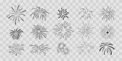 Set fireworks radial doodle line explosion circle sparkler with rays, hand drawn firecrackers simple and round decoration isolated on transprent background. vector