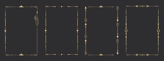 Gold frame set with tribal native indian arrow, ornament. Border thin line divider decoration with feather, simple motif. vector