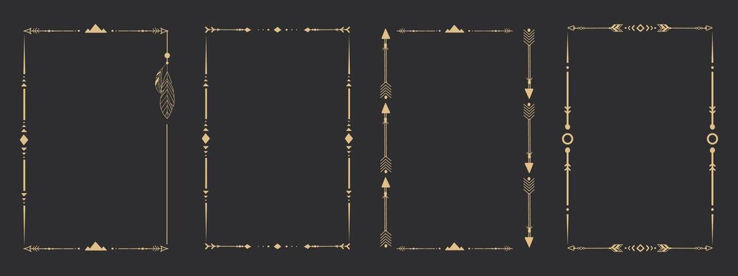 Gold frame set with tribal native indian arrow, ornament. Border thin line divider decoration with feather, simple motif.