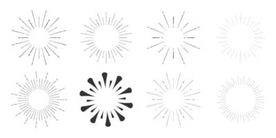 Set Fireworks, rays, sunburst frames circle border decoration, sparkle in doodle style, line sketch explosion isolated on white background. vector