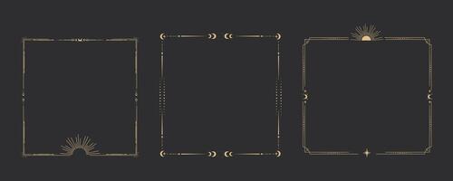 Gold celestial minimal esoteric frame, thin line border, mystyc linear decoration with dots, moon, stars corners isolated on dark background. Geometric shape, tarrot vector