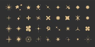 Set gold shine sparkle icon glare,light,blink star minimal shape, burst and rays golden decoration. Twinkle magic comic shine isolated on dark background. vector