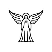 elegant black and white line drawing of an angel with wings and a star symbol on the chest. The design is minimalistic and clean, logos and icons, vector