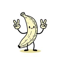 cartoon banana character with a smiling face, holding up two peace signs. Simple and fun design, perfect for playful and quirky projects. vector