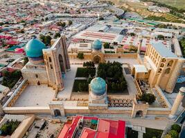 Samarkand, Uzbekistan aerial aero view of Bibi Khanym Mosque. Main place of worship and dedicated to Timur's favourite wife. Translation on mosque Sarai Mulk Khanum. Popular tourist place in Asia photo