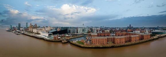 Liverpool, Merseyside, England September 20th, 2021 Aerial view of Liverpool Skyline and the Mersey river. Waterfront in the evening. photo