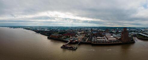Liverpool, Merseyside, England September 20th, 2021 Aerial view of Liverpool Skyline and the Mersey river. Waterfront in the evening. photo