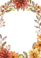 Fall flower vertical frame with watercolor red and orange bloom and twig of leaves. Hand drawn floral edged template in rustic style. Perfect for autumn botanical invitation and card designs. vector