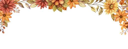 Autumn flower horizontal banner frame with watercolor blossom and branch of leaves. Hand drawn floral corner template in rustic style. Perfect for fall botanical invitation and card designs. vector