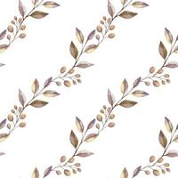 Leaves on a thin branch with berries diagonal seamless pattern on the light background. Hand painted watercolor fall floral illustration in beige and lilac colors for fabric and paper designs. vector