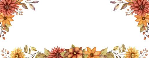 Autumn flower horizontal banner frame with watercolor blossom and branch of leaves. Hand drawn floral corner template in rustic style. Perfect for fall botanical invitation and card designs. vector