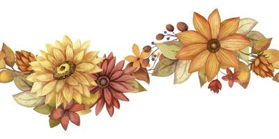Seamless border with autumn watercolor flower and leaf. Hand drawn floral curve arrangement with blooming in rustic style and orange color. Perfect for fall botanical frame and card designs. vector