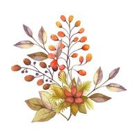 Autumn flower watercolor bouquet with small berries and twig. Hand drawn floral arrangement with blooming in golden and muted colors. Perfect for fall botanical invitation and card designs. vector
