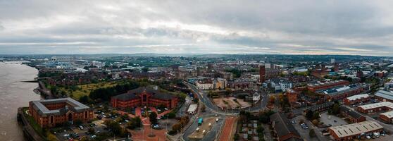 Liverpool, Merseyside, England September 20th, 2021 Aerial view of Liverpool Skyline and the Mersey river. Waterfront in the evening. photo