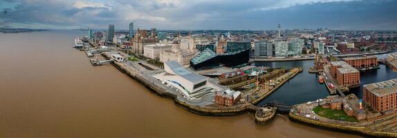 Liverpool, Merseyside, England September 20th, 2021 Aerial view of Liverpool Skyline and the Mersey river. Waterfront in the evening. photo
