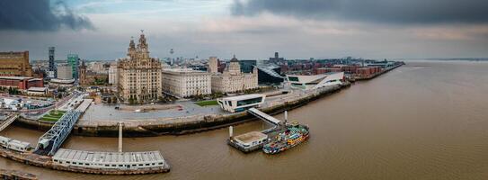 Liverpool, Merseyside, England September 20th, 2021 Aerial view of Liverpool Skyline and the Mersey river. Waterfront in the evening. photo