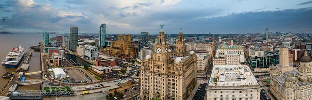 Liverpool, Merseyside, England September 20th, 2021 Aerial view of Liverpool Skyline and the Mersey river. Waterfront in the evening. photo