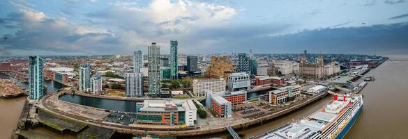 Liverpool, Merseyside, England September 20th, 2021 Aerial view of Liverpool Skyline and the Mersey river. Waterfront in the evening. photo