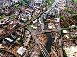 Aerial drone view of Manchester city in UK on a beautiful sunny day. photo