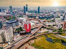 Aerial drone view of Manchester city in UK on a beautiful sunny day. photo
