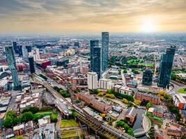 Aerial drone view of Manchester city in UK on a beautiful sunny day. photo