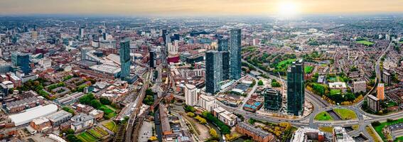 Aerial drone view of Manchester city in UK on a beautiful sunny day. photo