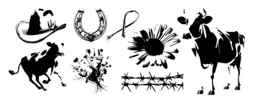 Cow, horseshoe, cowboy hat, boots, flower, heart, sheep, with ink effect. Halftone strokes for the design of collages, banners, postcards, web design in the Y2K style. illustration. vector