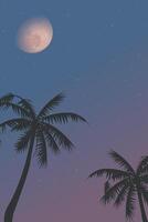 Silhouetted coconut palm trees with half moon and twilight sky vertical background graphic illustration have blank space. vector