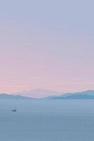 Minimalist seascape with fishing boat followed by seagulls have mountain and twilight sky vertical background graphic illustration have blank space. vector