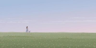 Minimalist sunrise landscape flower field with a woman handling her dog on the leash graphic illustrated have blank space. vector