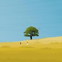 Minimalist grass field landscape and big tree in autumn season with a man taking photo to his girlfriend have blue sky square background graphic illustration. vector